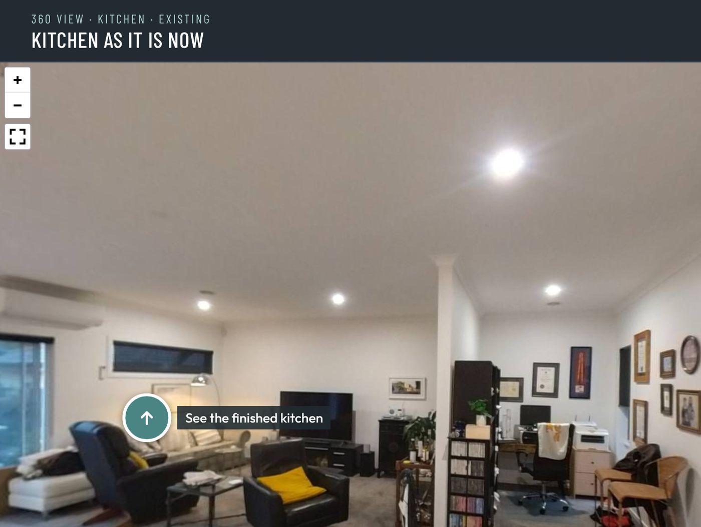 A 360 photo of a living area in the portal's viewer, with a marker that links through to the finished kitchen.