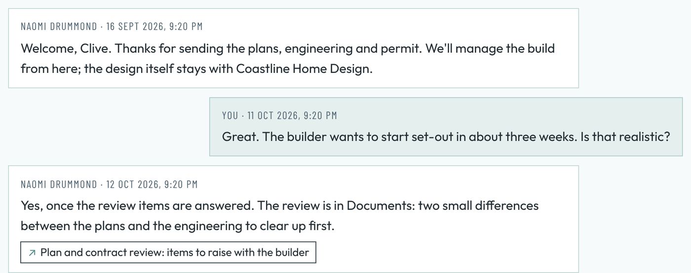 A message thread: the client asks whether the builder can start set-out in three weeks, and the project manager replies with a link to the plan and contract review.